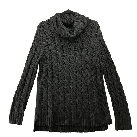 Gap Cable Knit Tunic Sweater Womens XL Black Turtleneck Split Hem Wool Blend - Picture 1 of 9